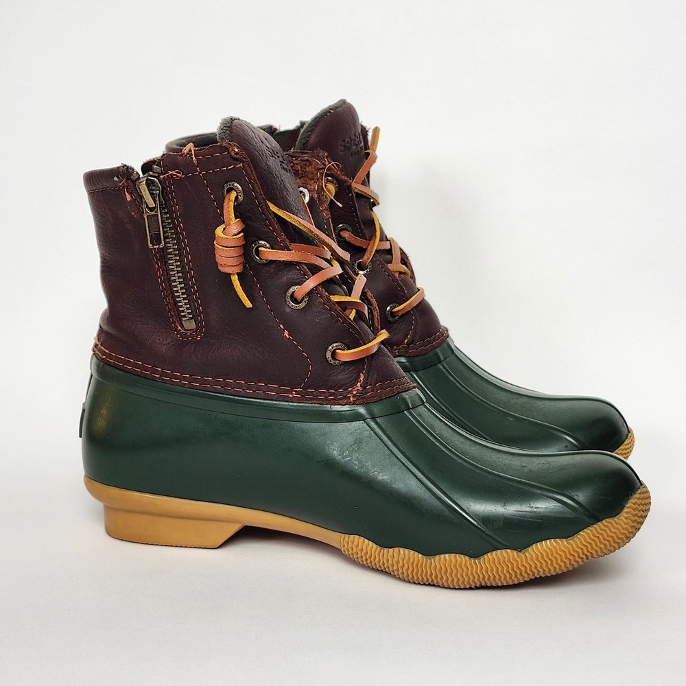 Sperry Saltwater Duck Boots Womens 7 Green Rubber Brown Leather Waterproof Zip